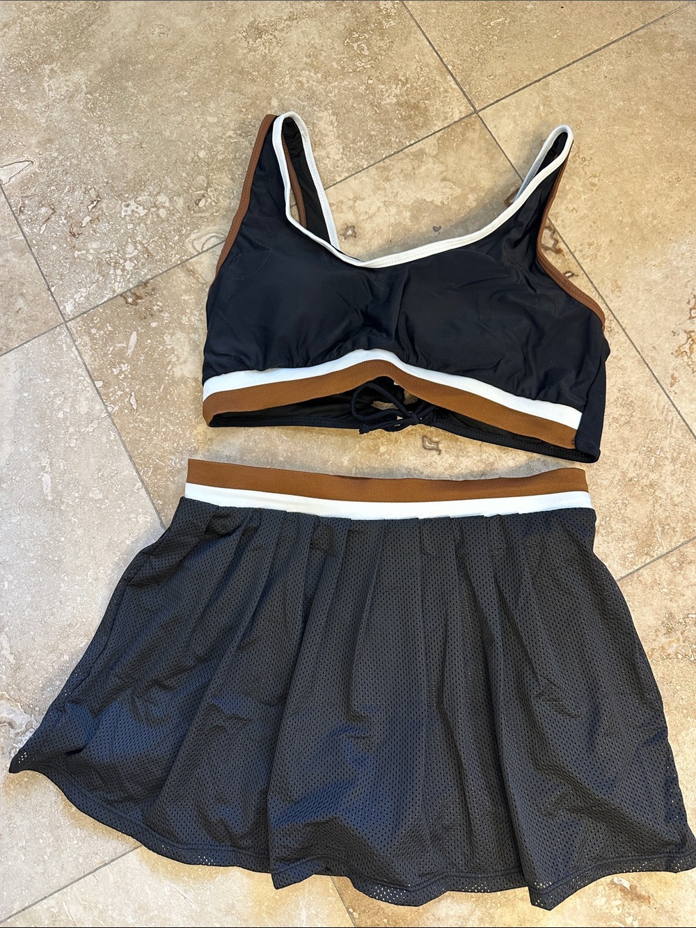 Black skort style athletic  bikini set with Brown & White Trim